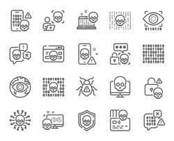 Cyber attack line icons. Phishing risk, Data ransomware, Binary code. Hacker attack, Virus secure, Malware bug outline icons. Cyber crime, Safe password and Data phishing. System hacking skull. Vector