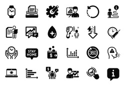 Vector Set of Science icons related to Recovery data, Electronic thermometer and Horizontal chart icons. Typewriter, Cogwheel and Graph chart signs. Info bubble, journey path. Vector