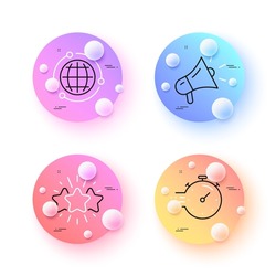Star, Globe and Timer minimal line icons. 3d spheres or balls buttons. Megaphone icons. For web, application, printing. Customer feedback, Internet world, Deadline management. Vector