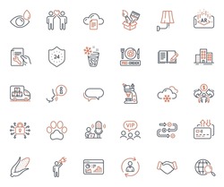 Business icons set. Included icon as Person info, Delivery truck and Corn web elements. Microscope, Repair document, Buildings icons. Seo statistics, Messenger, Security lock web signs. Vector