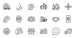 Outline set of Cleaning service, Cyber attack and Employees handshake line icons for web application. Talk, information, delivery truck outline icon. Vector