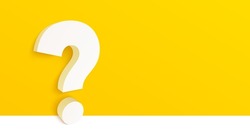 3d question mark on yellow background. Ask help information icon. Faq or Quiz big symbol. Doubt, inquiry background. Banner with big 3d question mark. Help desk concept. Vector