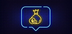 Neon light speech bubble. Money bag with Coins line icon. Cash Banking currency sign. Dollar or USD symbol. Neon light background. Cash glow line. Brick wall banner. Vector