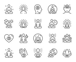 Yoga meditation line icons. Body balance, person relax and energy meditation set. Mind harmony, health meditate and self concentrate line icons. Listen relax sound, yoga mind therapy. Vector