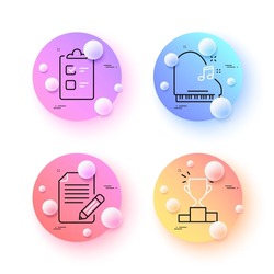 Winner podium, Article and Checklist minimal line icons. 3d spheres or balls buttons. Piano icons. For web, application, printing. Competition results, Feedback, Questioning clipboard. Vector