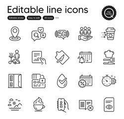 Set of Business outline icons. Contains icons as Reject book, Dermatologically tested and 5g wifi elements. Best buyers, Coffee delivery, Calendar discounts web signs. Cutting board. Vector