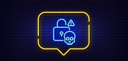 Neon light speech bubble. Cyber attack line icon. Ransomware threat sign. Password cracking symbol. Neon light background. Cyber attack glow line. Brick wall banner. Vector