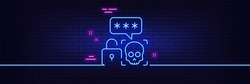 Neon light glow effect. Cyber attack line icon. Ransomware threat sign. Password cracking symbol. 3d line neon glow icon. Brick wall banner. Cyber attack outline. Vector