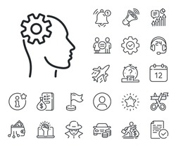 Cogwheel tool sign. Salaryman, gender equality and alert bell outline icons. Engineering line icon. Man think symbol. Engineering line sign. Spy or profile placeholder icon. Vector