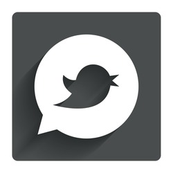 Bird icon. Social media sign. Short messages twitter retweet symbol. Speech bubble. Gray flat square button with shadow. Modern UI website navigation. Vector