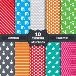 Seamless patterns and textures. Social media icons. Chat speech bubble and Share link symbols. Short messages twitter retweet sign. Human person profile. Endless backgrounds with circles. Vector