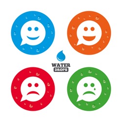 Water drops on button. Speech bubble smile face icons. Happy, sad, cry signs. Happy smiley chat symbol. Sadness depression and crying signs. Realistic pure raindrops on circles. Vector