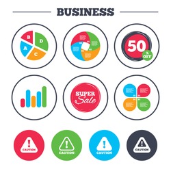 Business pie chart. Growth graph. Attention caution icons. Hazard warning symbols. Exclamation sign. Super sale and discount buttons. Vector