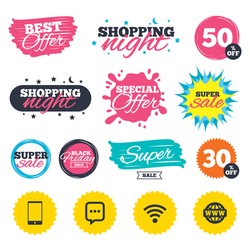 Sale shopping banners. Special offer splash. Communication icons. Smartphone and chat speech bubble symbols. Wifi and internet globe signs. Web badges and stickers. Best offer. Vector