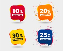 Sale discount icons. Special offer price signs. 10, 20, 25 and 30 percent off reduction symbols. Speech bubbles or chat symbols. Colored elements. Vector