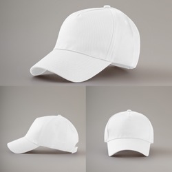 Set of White baseball cap in three different side angles views isolated on gray background. Mock up.