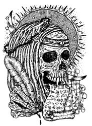 Black and white illustration with human skull wearing crown of thorns, in monk cloak with manuscript and quill. Mystic background for Halloween, esoteric, gothic, heavy metal or occult concept