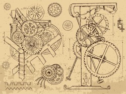Retro mechanisms and machines in steampunk style on textured background. Hand drawn graphic illustration, sketch tattoo, retro technology collection with cogs, gear and wheels.