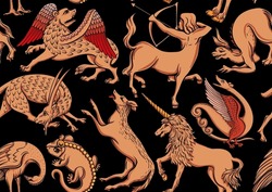 Medieval mythical animals, illuminati manuscript inspiration, romanesque style. Seamless pattern, background. Vector illustration.
