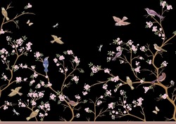 Cherry blossom branches against the sky with sparrow, finches. Seamless pattern, background. Vector illustration. Chinoiserie, traditional oriental botanical motif. In botanical style