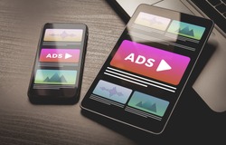 Programmatic Advertising concept. Youtube Online native targeting ads marketing strategy. Inbound Advertising media banner block when viewing a site on a mobile phone and tablet pc screens