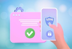 VPN Service app 3d concept. Internet Security Virtual private network and Privacy Data Encryption Software Service. Cartoon hand holding a smartphone with vpn app