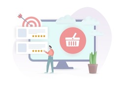Customer Feedback Strategy concept. The drawn character of the customer leaves a review and puts a rating with stars on the purchased goods. Business quality rating vector illustration