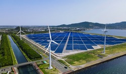 Solar power farm aerial view. Renewable energy.