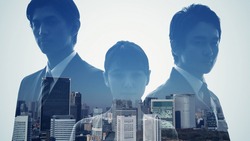 Silhouette of group of businessperson and modern cityscape. Double exposure.