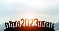 New year concept of 2023. Cheerful group of people. New year card.