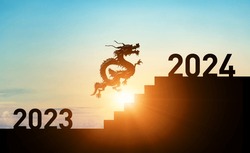A dragon running up the stairs from 2023 to 2024. 2024 New Year concept. New year's card 2024.