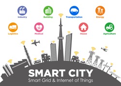 smart city on global ground with various technological icons, futuristic cityscape and modern lifestyle, smart gird, IoT(Internet of Things), ICT(Information Communication Technology)