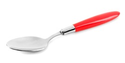 Metal spoon with red handle isolated on white
