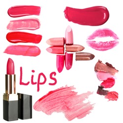 Collage of different lipsticks isolated on white