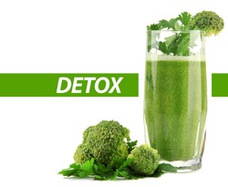 Glass of green vegetable juice with broccoli and parsley isolated on white, Detox concept