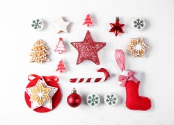 Christmas decoration collection on wooden table top view