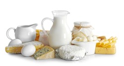 Set of fresh dairy products , isolated  on white