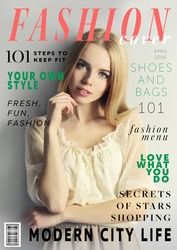 Attractive young woman on fashion magazine cover. Fashionable lifestyle concept.