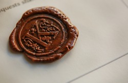 Old notarial wax stamp on document, closeup