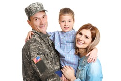 Happy soldier with his family on white background