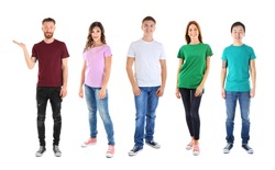 Young people wearing different t-shirts on white background