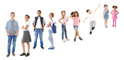 Schoolchildren of different ages on white background