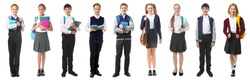 Collage of children in different school uniforms on white background