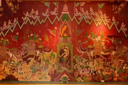 Thai Mural Paintings on the wall, Buddha history, Thailand culture,  at Thai temple local art,