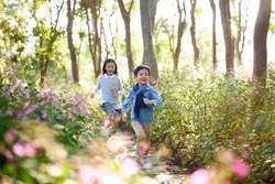 two little asian children boy and girl running through field of flowers in park.