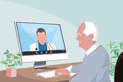 senior asian man staying at home consulting a doctor through video call