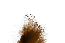 Freeze motion of brown dust explosion on white background. Stopping the movement of brown powder on white background. Explosive powder brown on white background. Dry soil explosion on white background
