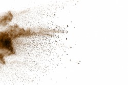 Brown Dust and Dry soil explosion on white background.