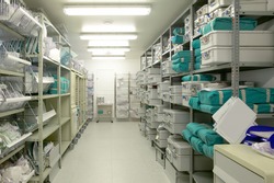 Hospital indoor storage room. Health center repository. Pharmaceutical