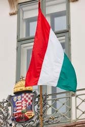 Hungarian flag and shield. Patriotic heraldic symbol. European nation. Insignia